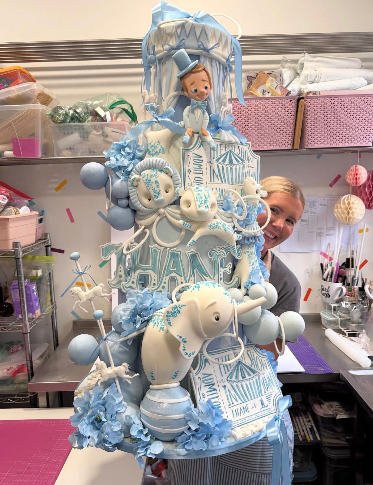 Blue christening cake